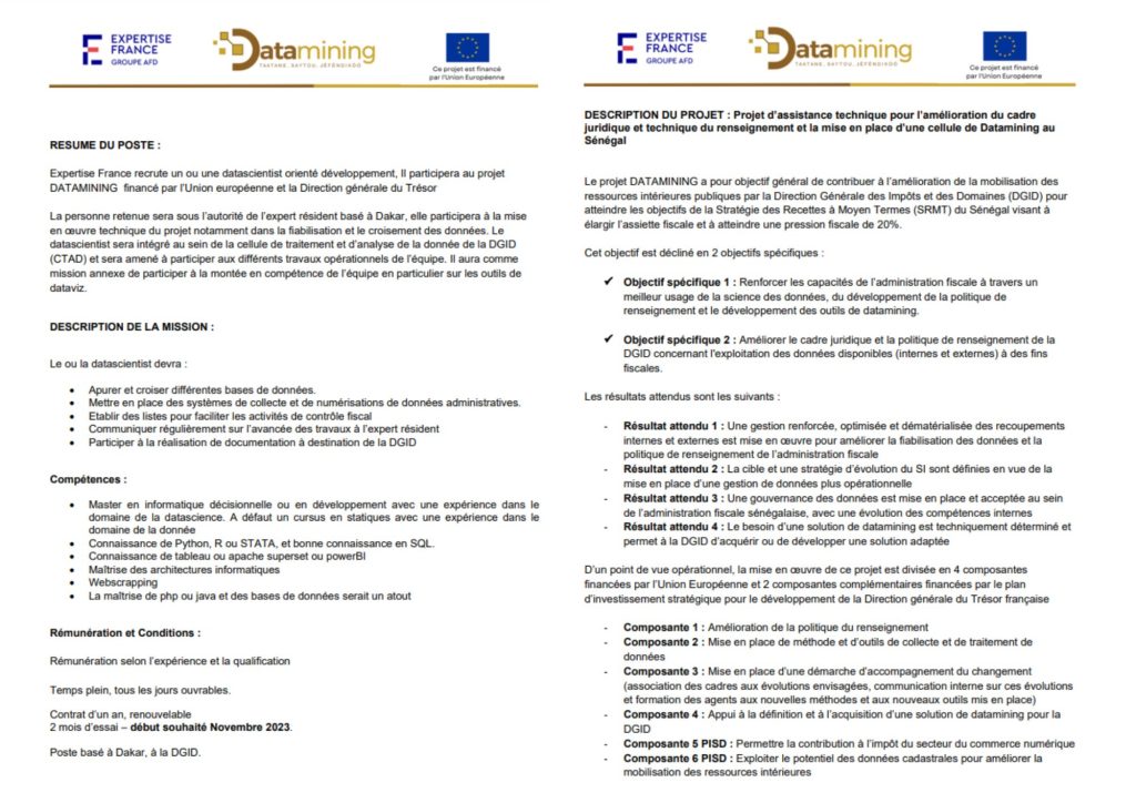 Fiche de poste “data-scientist orienté développement” auprès de la cellule Dataming de la DGID du Sénégal